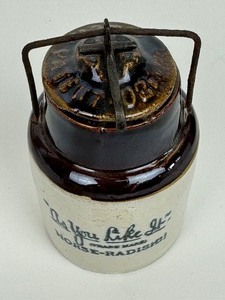 lot 137 image: Vintage Stoneware Advertising As You Like It Horseradish Crock