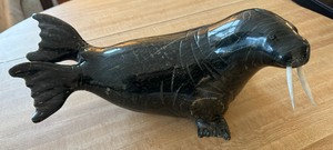 lot 110 image: Soapstone Walrus Hand Made by Canadian Inuk Artist Emataluk Saggiak