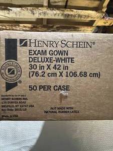 lot 38 image: NEW In Open Box Henry Schein Exam Gown Deluxe-White - 50 Per Case 
