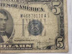 $5 Blue seal silver certificate  1934 Good