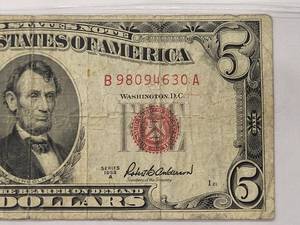 $5 Red Seal US Note 1953   Very Fine