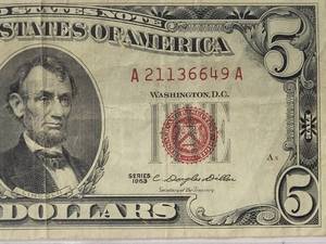 $5 Red Seal US Note 1963  Very Fine