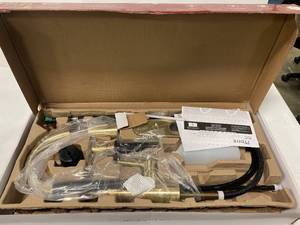 lot 5 image: Brand New Pfister F-529-7BARBG Barullli Single Handle Pull Down Sprayer Kitchen Faucet with Deckplate Included and Soap Dispenser in Brushed Gold ($209 Retail Value)