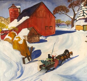 lot 213 image: Vintage Wooden Oil on Board Winter Scene Painting