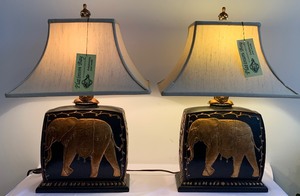 lot 273 image: Gorgeous Unique Metal Elephant Table Lamps with Shades