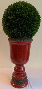 lot 277 image: Stunning Red Vase - Planter with Faux Decorative Boxwood Plant Ball