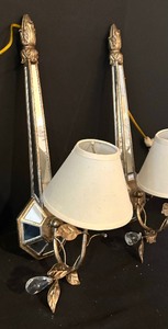lot 96 image: Pair of Mirrored Golden Wall Mount Light Fixtures with Crystal Accents