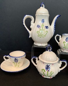 lot 477 image: Delicate White and Blue Teapot, Sugar, Creamer and Teacups