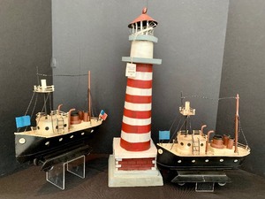 lot 289 image: Marine Life Decor, Set of Two Metal Ships and Lighthouse