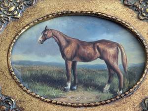 lot 58 image: Small Elegantly Framed Oil on Board Horse Painting
