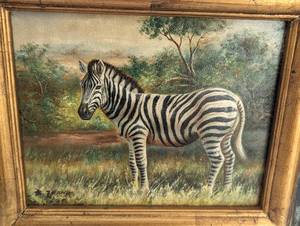 lot 132 image: Framed Oil on Canvas Zebra Painting