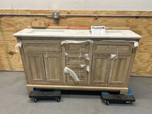 lot 121 image: HOME DECORATORS COLLECTION Doveton 60 in. W x 19 in. D x 34 in. H Double Sink Bath Vanity in Weathered Tan with White Engineered Marble Top
