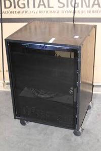 lot 77 image: Black Laminate Audio Video Equipment Rack on Casters with Rack Rails Smoked Glass Plexi Door Pro Audio Amplifier & More