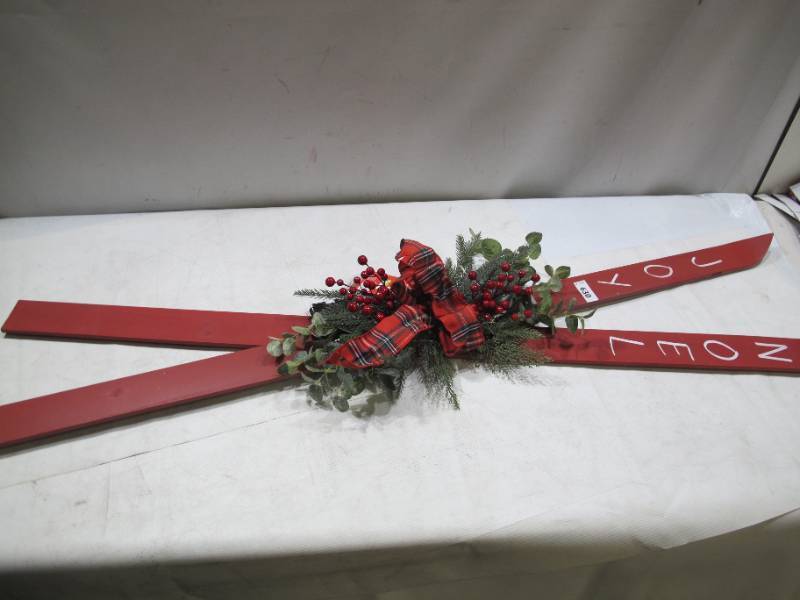 lot 384 image: NEW Members Mark 5 Foot Pre Lit Decorative Wooden Skis RED Battery Operated