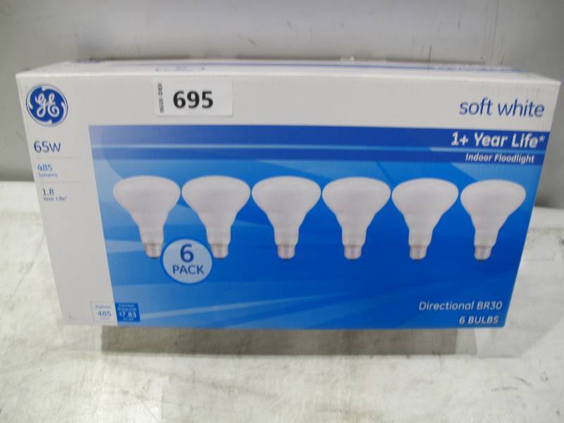 lot 360 image: NEW GE Incandescent Flood Light Bulbs, BR30 Flood Lights, 65-Watt, 615 Lumen, Medium Base, Soft White, 6-Pack, Indoor Flood Light Bulbs, Recessed Light Bulbs for Indoors
