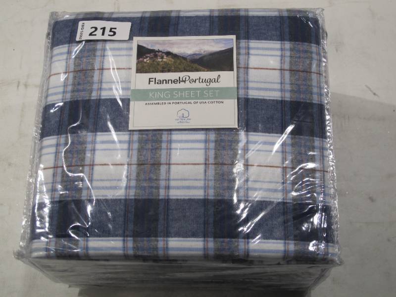 lot 215 image: NEW Flannel Portugal Flannel King Sheet Set - Blue Plaid