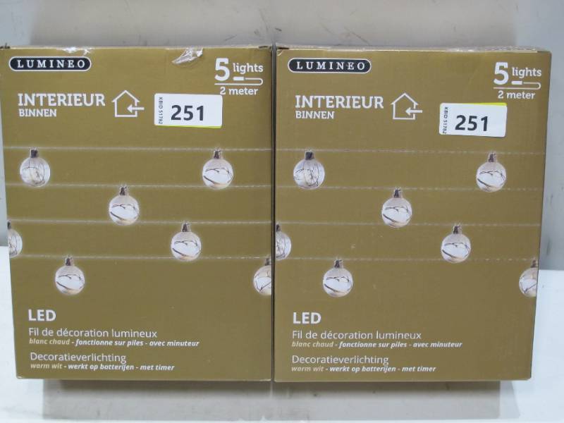 lot 251 image: NEW 2 Pack of Lumineo Interior Christmas LED Ornament Lights - 5 Lights  2 Meters Each