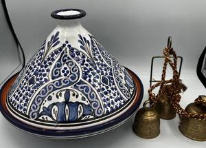 lot 14 image: Williams Sonoma Pottery covered dish with vent and brass bells