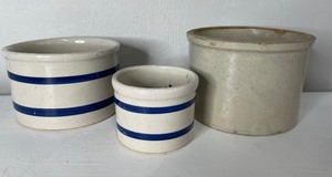 lot 56 image: Lot of 3 crocks, 2 Roseville and one unmarked