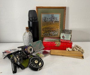 lot 78 image: Dr. Fischs Bitters Vintage Fish shaped bottle with misc fishing items lot