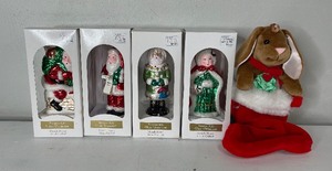lot 64 image: Blown Glass Hand Crafted Ornaments Lot of 4 and Christmas Stocking