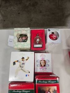 lot 68 image: Stocking Hangers, Assorted Baseball Hallmark & NHL Ornaments plus several Misc