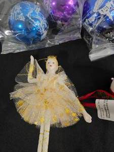 lot 81 image: The San Francisco Music Box Co. Angel Dancer Ballerina Ornament 6, 2 VTG Round Hand Made Beaded & Assortment of Glass Ornaments