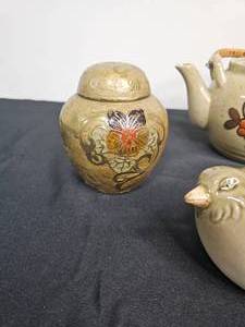 lot 100 image: Otagiri Original Handmade Teapot Set & Green and Brown Fat Bird Pottery Figure & More