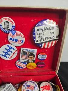 lot 9 image: Box of Vintage Misc & Democratic Pinback Buttons