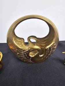 lot 177 image: Vintage Solid Brass Bells, Baskets and Geese Figurine