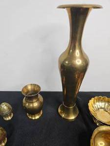 lot 178 image: Solid Brass - Vase, Bowls, Salt and Pepper Shaker and Horse Statue