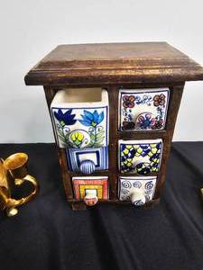 lot 179 image: Anthropologie Wood Ceramic Porcelain Apothecary Spice Cabinet Box Tea Jewelry 6 Drawers, Leonard Gold Plated Candle Holder 1983, Rodins -The Thinker Bookend PM Craftsmen (only 1)