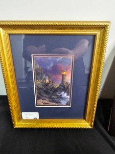 lot 180 image: Two Framed Thomas Kinkade Wall Art Pieces & Thomas Kinkade Night Before Christmas Coach Lantern