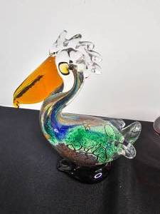 lot 204 image: Minchella Collection Murano Style Glass Pelican, Glass Flower Bowl, VTG Cut Glass Bowl w Blown Glass Fruit, Mikasa Crystal Silver Rose Fruit Candy Bowl 6.25, Glasbake 1960s USA Round Dish Clear 4.5
