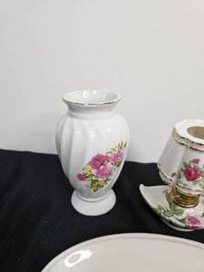 lot 123 image: RARE VTG Lefton Miniature Sugar and Creamer (Missing Cover on Sugar) w Pink Roses, Miniature Alladin Shape Porcelain Oil Lamp w Pink Roses & More