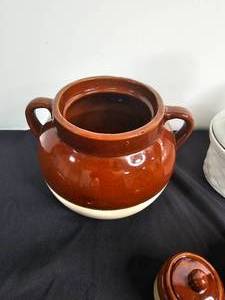 lot 219 image: Two Crock Honey Pots, Calif USA 27-30 Casserole Bakeware Dish w Rooster Top, VTG X-Large Stoneware Bean Pot
