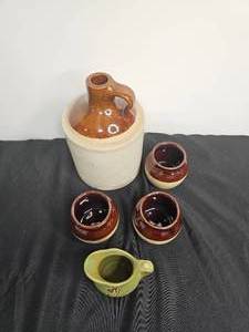 lot 222 image: Pigeon Forge Pottery Mini Pitcher, VTG Lg Stoneware Jug marked USA, 3 Stoneware Pots marked USA
