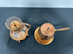 lot 97 image: VTG Copper Fondue Pot w Wooden Handle, Stand, Lid & Tray, VTG Corning Copper CoffeeTea Carafe w Stand & Lid