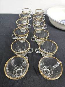 lot 132 image: Glassware - Colony Gold Rimmed Punch Cups Set of 12  Pottery - Pfaltzgraff 12 in Yorktowne Salad Bowl and Water Pitcher