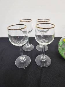 lot 133 image: Gold-Rimmed Jasmine Wine Glasses  Vintage Rock Sharpe Champagne Glasses  Royal Danube Hand Painted Crystal Vase  Butterfly Etched Champagne Coupes