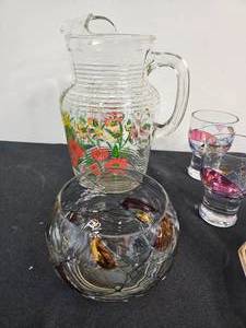 lot 134 image: VTG Hand Painted Flower Design on Water Pitcher  Cheese Dome  Coin Glass  Creamer  Coin Glass as is