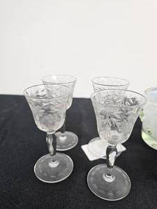 lot 135 image: Etched Crystal Sherry Cordial Glasses Set of 4  Crystal Candy Dish  Frosted Green Bubble Glasses Set of 3  MCM Culver Paisley Highball Glasses