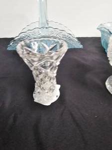lot 208 image: Fenton Ice Blue Glass Basket & Matching Bowl, Lead Crystal 4 Bud Vase & Lead Crystal Footed Candy Dish