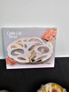 lot 55 image: 1980s NIB William A Rogers Gold Wash Over Silverplate & White Enameled Calla Lily Trivet, Vintage Noritake Nippon Hand Painted Dish, Vintage Japanese Porcelain divided CandyTrinket Dish gold tone, Lefton China Candy Dish, Enesco Roses Candy Dish