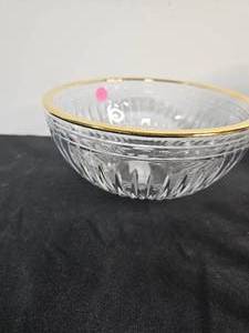 lot 136 image: Sheffield Cake Serving Set  Lead Crystal Bowl  Lead Crystal Bowl with Gold Rim  Pfaltzgraff  Stoneware Pitcher