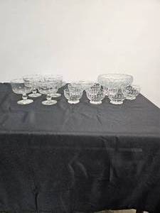 lot 137 image: Hazel-Atlas Serving  Dish  Fenton Satin Frosted Embossed Water Lilly Bowl  Crystal Dessert Plate  Glass Pedestal Dessert Bowls  Etched Glass Fruit Bowl 7 Piece Set