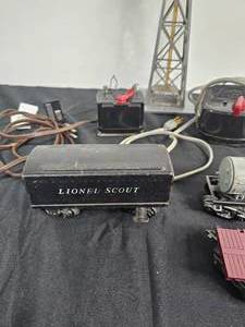lot 252 image: Vintage Lionel Tank, Scout Tender, Transformer  American Flyer Water Tower, Train Transformer  Marx Flatbed Train Car