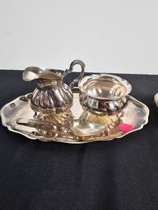 lot 44 image: Set of Silverplated Serving Pieces - Covered Butter w Glass Insert & Sugar and Creamer, Tray & Spoon