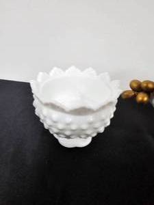 lot 198 image: Variety of Milk Glass items - Oblong Pedestal Compote Dish, Fenton Milk Glass Candle Holder, Glass Fruit Basket Jar with Lid and Gold accents