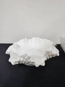 lot 199 image: Milk Glass Lot - Tall Vase, Covered Pedestal Candy Dish, Fenton Tray
